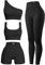 OQQ Damen 4 Stück Outfits Gerippte Übung U-Ausschnitt Sport BH One Shoulder Tops Hohe Taille Shorts Leggings Active Set, Schwarz, Medium