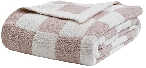 bearberry Fuzzy Checkerboard Grid Throw Blanket Knitted Soft Cozy Warm Microfiber Bed Blanket Decor for Couch Sofa Bed Travel Home (Cream, 60''x80'')