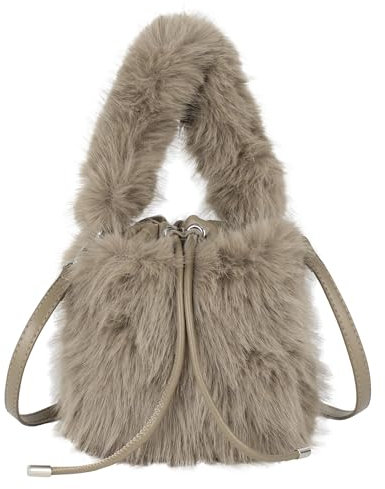 MEGAUK Damen Herbst Winter Beuteltasche Bucket Bag Kunstpelz Handtasche Flauschig Umhängetasche Plüsch Schultertasche mit Kordelzug für Mädchen (Khaki)