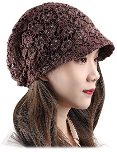 luchike 1 Packung 3D-bestickte Blumenmütze mit Krempe, elegante Chemo-Kappe, Sonnenhut für Damen, Kaffee, coffee, M/L