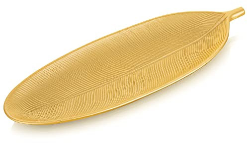 Hanobe - Dekoratives Tablett aus Holz in Blattform, Schlüsseltablett aus Holz, Blattschale für kleine Kerzen, Glas, Gold