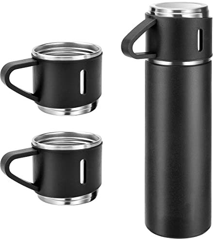 DEVICE OF URBAN INFOTECH Botella de agua aislada al vacío, botella térmica de acero inoxidable de doble pared con tapa, 3 tazas para agua caliente y fría, termo de viaje para café, oficina y