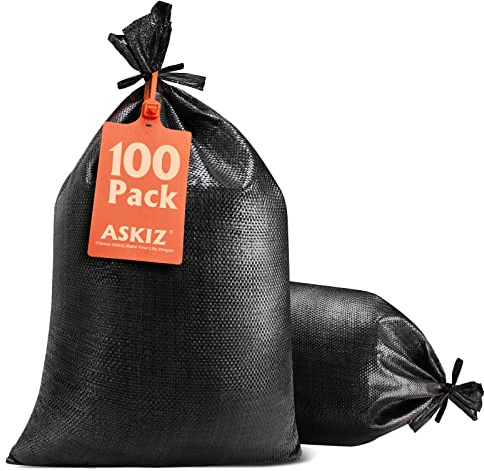 ASKIZ Heavy Duty Sand Bags with UV Protection - 16 x 25.5 Ultra Tough Polypropylene Sandbags for Hurricane Flooding (Black 100 Bags)