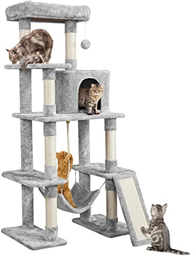 Yaheetech Árbol rascador para Gatos Grandes Torre de Gatos de Altura 159 cm con Múltiples Plataformas Cueva Tela de Felpa Condominio Perchero Hamaca Gris Claro