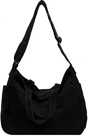 TIAASTAP Groß Canvas Umhängetasche mit Reißverschluss, Vintage y2k Canvas Handtasche Shopper Damen Große Canvas Tote Bag Casual Crossbody Schultertasche für Damen und Herren, Schwarz