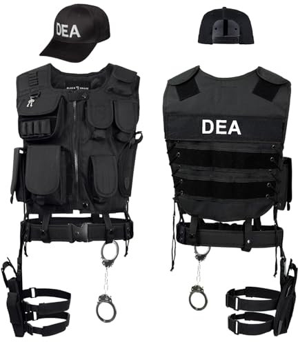 Black Snake® SWAT FBI Police Security Kostüm inkl. Einsatzweste, Pistolenholster, Gürtel, Handschellen und Baseball Cap (DEA, XS-S)