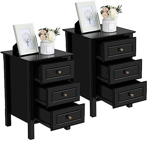 Yaheetech Bedside Table Set of 2, Bedside Cabinet with 3 Drawers and Heavy Duty Solid Pine Wood Legs, Wood Nightstand with Sturdy Structure and Metal Knobs for Bedroom, 40cmL x 40cmW x 60cmH, Black
