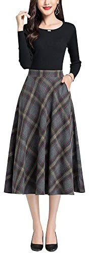 Damen Hohe Taille Karierter Rock Winterrock Vintage Elegant Plaid Warm Wollrock Lang Röcke Retro Elastische Taille A Linie Casual Party Midi Faltenrock Grey M