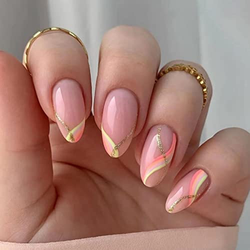 JUSTOTRY 24 Pcs Glitter Swirl Press on Nails Short Designs,Rainbow False Nails Oval,French Almond Stick on Nails for Women and Teens,Pastel Fake Nail for Girls Nail Art