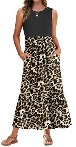 AUSELILY Sommerkleid Damen Lang Ärmelloses Maxikleid Sommer Strandkleid Lange Rundhals Tank Top Kleider Leicht und Luftig mit Taschen Elastischer Taille Leopard Schwarz XL