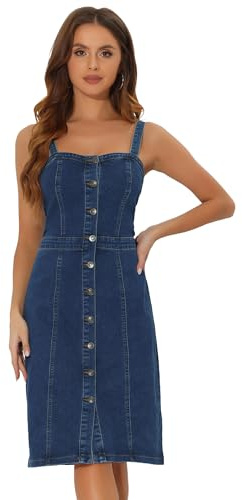 Allegra K Women's Button Down Midi Denim Dress Dark Blue