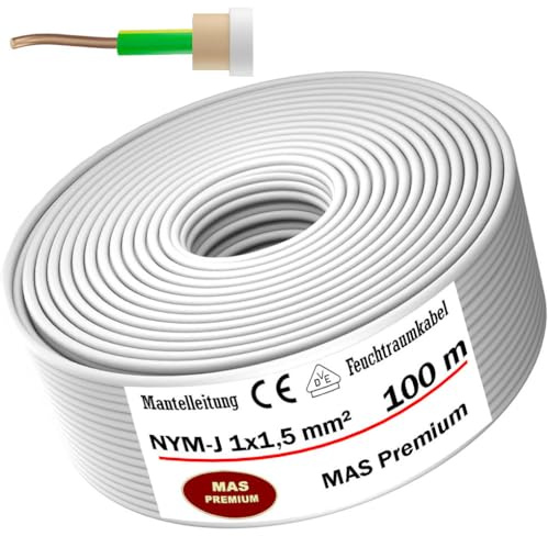 MAS Premium Feuchtraumkabel Stromkabel Mantelleitung Deutscher Marken-Elektrokabel Ring zur Verlegung über, auf, in und unter Putz, in trockenen, feuchten und nassen Räumen (NYM-J 1x1,5 mm², 100m)