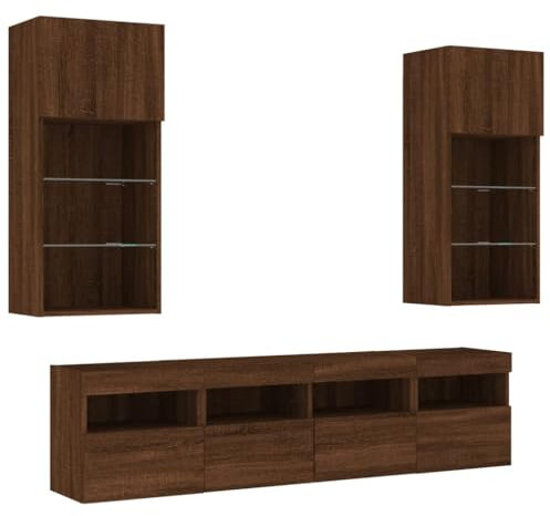 vidaXL Wohnwand 5-TLG., Schrankwand mit viel Stauraum, Anbauwand mit LED-Beleuchtung, Wandmontage Fernsehschrank Wohnzimmer Set Schrank, Braun Eichen-Optik Holzwerkstoff
