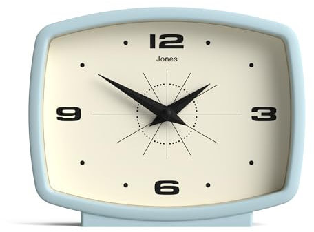 JONES CLOCKS® Film Schreibtischuhr | Rechteckiges retrodesign | Blassblau | Midcentury Stil mit modernem Finish ideal für Regal, Tisch, kaminsims oder nachttisch