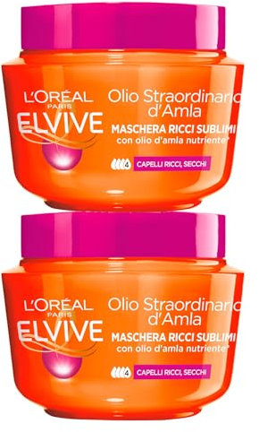 L'Oréal Paris Maschera Capelli Ricci Sublimi Elvive Olio Straordinario d'Amla Per Capelli Secchi Texture Cremosa Rende I Ricci Più Morbidi e Definiti - 2 Barattoli da 300ml