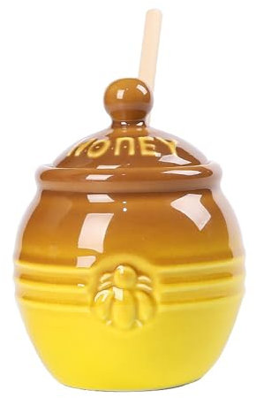 TSQZE Honigtöpfe Honigbehälter, Honigtopf Mit Holz Dipper Und Deckel Honigglas Aus Keramik, Für Sirup, Zucker, Saucen, Gewürze Und Mehr 300ml (Dark Brown)