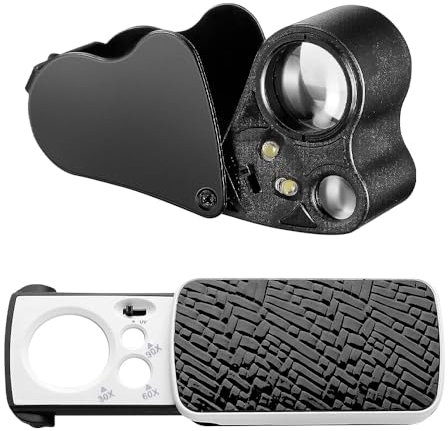 Lotvic Juwelier Lupe, 2 Stück Juwelierlupe, Schmuck Lupe, Taschenlupe, Lupe mit UV Schwarzem Licht und Hellem LED Licht für Diamanten, Edelsteine, Münzen, Antiquitäten, Modelle, Fotos, 30 X 60 X 90