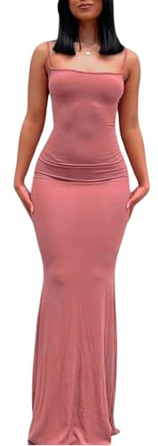 Abito lungo da donna, sexy, casual, elegante, senza maniche, con schiena scoperta, con spalline sottili, Rosa 1, M