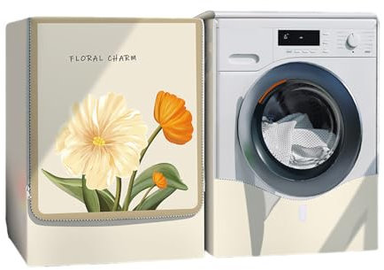Odot Funda Lavadora Exterior Impermeable, Universal Antipolvo Cubierta para Lavadora y Secadora Carga Frontal, Funda de Protección Solar con Cremallera (Flor Beige,L (7-8kg))