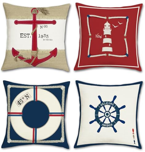 Bonhause 4er Set Kissenbezüge Nautisch 45 x 45 cm Anker Leuchtturm Dekorative Kissenhülle Rot Marineblau Zierkissenbezüge für Sofa Schlafzimmer Zuhause Outdoor Dekoration