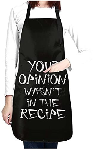 Lrtyuasq Delantal divertido para hombres y mujeres con 2 bolsillos, cocinar, hornear, barbacoa, jardinería, cocinero, bonitos delantales, Tu opinión no estaba en la receta - Negro, Talla única