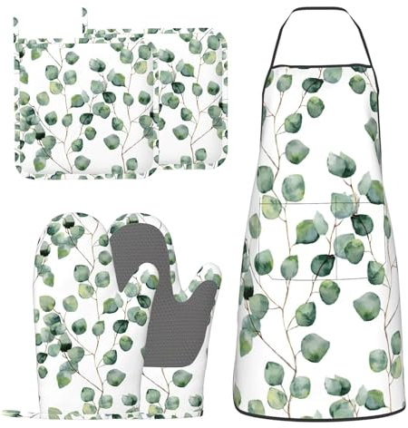 DYCBNESS Juego de 5 manoplas de horno de eucalipto y soportes para ollas con delantal, juego de 5 guantes de cocina de silicona de hojas verdes, delantal, verde salvia, juego de soportes de eucalipto