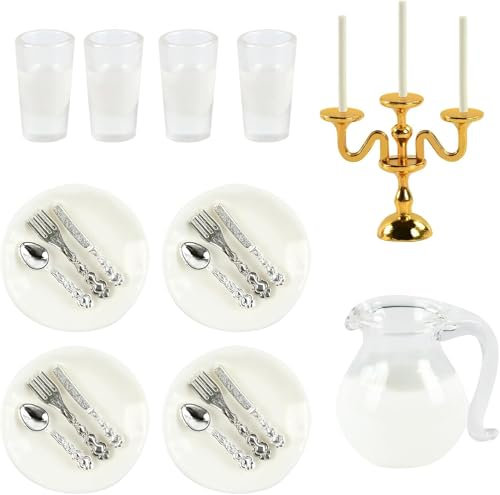 Puppenhaus Geschirr zubehör, 4 Stück Miniatur Besteck und Teller Set, Miniatur-kerzenhalter, Miniatur milchbecher Set und 4 Stück Milchtassen Miniatur Geschirr 1/12 Puppenhaus Küche