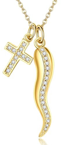 DAYLINLOVE Cornicello Halskette 925 Sterling Silber Vergoldet Italienisch Horn Halskette Kreuz Anhänger Glück Schutz Amulett Schmuck Geschenk Für Frauen