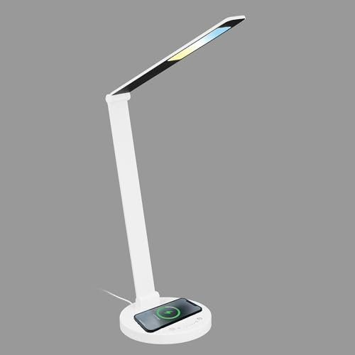BRILONER - LED Schreibtischlampe mit induktiver Ladefläche, dimmbar, einstellbar von warmweiß bis kaltweiß, Tischlampe, Nachttischlampe, Tischleuchte, Home Office, Bürolampe, 18x44 cm (DxH), Weiß