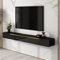 Meuble TV moderne flottant avec étagère murale avec rangement noir brillant + or, table console multimédia pour salon 200 cm