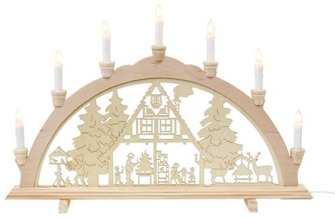Wichtelstube-Kollektion Holz Schwibbogen Lichterbogen Forsthaus XL 58cm Schwippbogen Weihnachten Weihnachtsbogen Schwibbogen Weihnachten 7 Kerzen 230V Anschluss