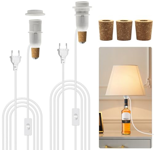 DIY Lampenfassung für Flaschen,2 Stück E14 Fassung Flaschenadapter für Kreative Tischlampen, Flaschenaufsatz Lampe mit 240 cm Kabel und Schalter, LED Flaschenlampe,3 Korken für Verschiedenen Flaschen