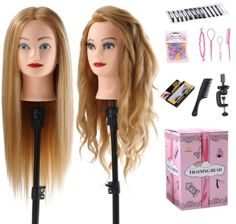 Hairdressing head 70% Real hair, Mannequin Head with Hair Doll Head for Hair Styling Cosmetology Training Styling Head Practice Head with table clamp + Hairdressing Tools Accessories Set