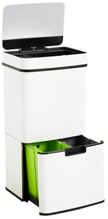 Well Home Poubelle de recyclage 62 L (37 L + 25 L) Poubelle à 2 compartiments, ouverture automatique avec capteur, en acier inoxydable, blanc