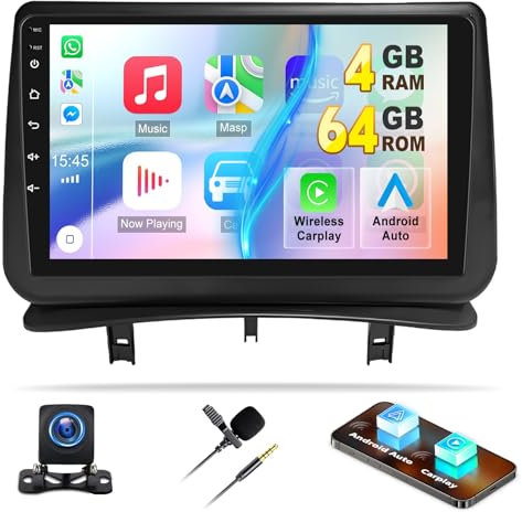 4G+64G Autoradio für Renault Clio 3 2006-2012 mit Carplay Android Auto Navi, Android 13 Autoradio mit 9 Zoll Bildschirm,Bluetooth Mirror Link WiFi FM/RDS HiFi+Rückfahrkamera