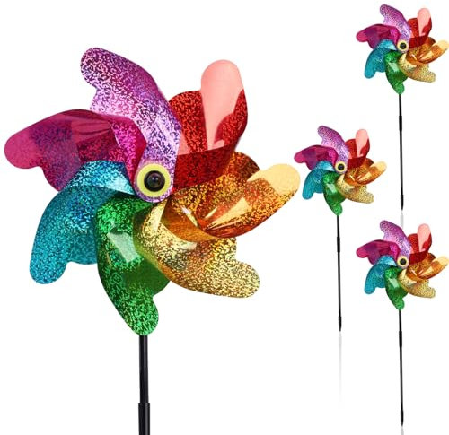 4Pcs Reflective Bird Scarer Windmill | Double Sided Rainbow Colour Holographic Reflective Pigeon Deterrent Bird Repellent Windmill | Wind Spinners for Garden Home (Height 48cm)
