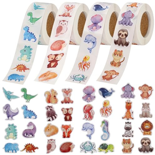 2000 Stück Runde Tier Aufkleber, Animal Sticker Rolle, 32 Formen, Wasserdicht Selbstklebende Sticker, Motivations Aufkleber für Koffer Scrapbooking Journal Umschläge DIY Handwerk Geschenke