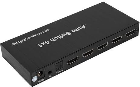 1080p HD Multimedia Interface 4x1 Switcher with Sound Extraction 4 Ports 4 in 1 Out HD Multimedia Interface 2.0 Selector Box with IR Remote Support HDCP 2.2 (UK Plug)