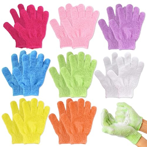 Gants exfoliants corps 8 paires – accessoires de gommage douche et bain – nylon doux et élastique – multicolores – unisexe – taille unique – soin peau lisse et éclatante