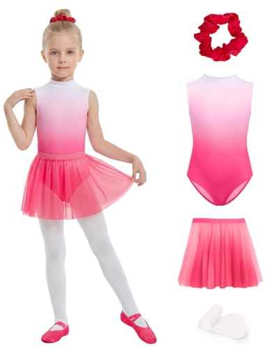 JiAmy Girls Ballet Leotard 4 Pcs Tutu Skirt Dance Gymnastics 4-12 Years | 4-12Years, 4 pcs ballet leotard set with sleeveless top tutu skirt scrunchie and pad, stretchy polyester spandex dancewear