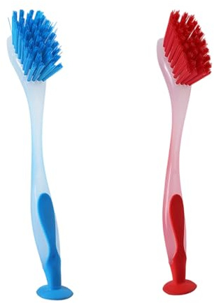 2PCS Long Handle Washing Up Brush, Dish Brushes with Suction Cup Stand for Washing Up Plates Pans Pots, Soft Bristles for Kitchen and Bathroom Cleaning(Red/Blue)