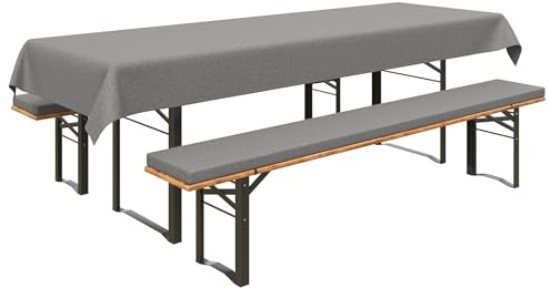 Amopatio Bierzeltgarnitur Auflagen Set 3-teilig,2 Bankauflagen gepolstert 220x25x4cm & 1 Tischdecke 255x85 cm,rutschfest,Waschbar & Faltbar für Garten, Balkon, Feste & Camping,Hellgrau