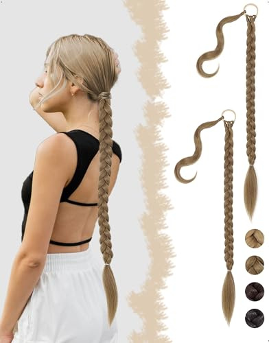 SanKristo 2 Stück 76cm Braid Extensions Pferdeschwanz Verlängerung mit Haargummi Geflochtener Lange Zopf gerade Accessoires Perücke Haarteile natürlich Synthetisches Haarverlängerung Frauen Hellbraun