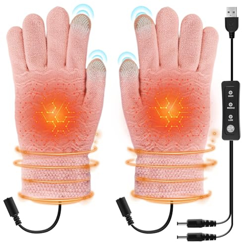 USB Heated Gloves for Women Rechargeable, Split Fingerless Thermal Hand Warmers Gloves with 3 Heat Levels, Touchscreen Knitted USB Heated Gloves for Women & Men for Laptop, Typing, Cycling & Office