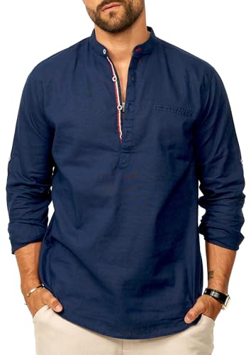 behype. Herren Leinenhemd als Langarmhemd - Freizeithemd im Regular-Fit mit Henley Stehkragen Sommerhemd - Strandhemd im Sommer-Look für Männer