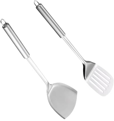 2-Piece Stainless Steel Spatulas Set, Metal Slotted Turner and Solid Turner | for Cooking, Heat Resistant Kitchen Spatula for Fish Eggs Pancakes, Dishwasher Safe