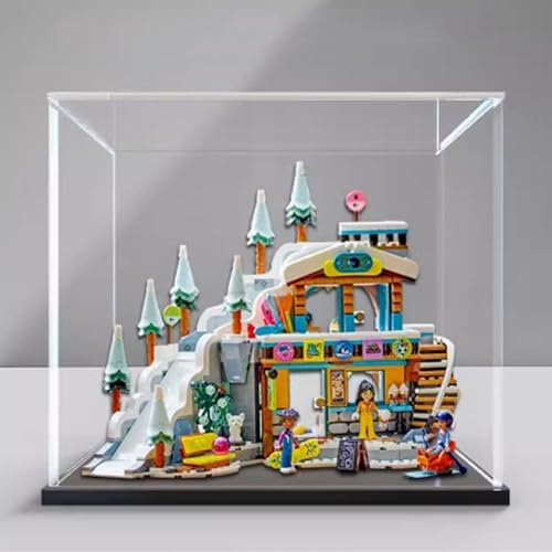 Acryl-Vitrine für Lego 41756 Holiday Ski Resort Modell, staubdichte transparente Kollektionen Vitrine (nur Displaybox) (schwarzer Sockel)