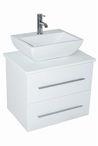 Aquariss White 600mm Wall Hung Vanity Basin Sink Unit Countertop | 2 Drawers, Bathroom Ceramic Basin, Pre-assembled, Wooden Storage Cabinet