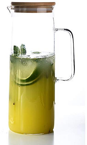 TAMUME 1.5 Litre Pichet d'Eau avec Couvercle en Bambou, Design Droit Cruche d'Eau