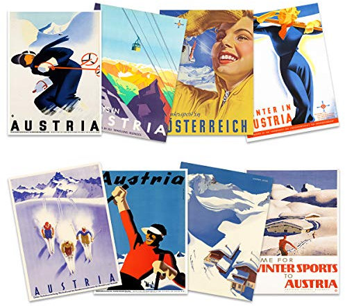 Wee Blue Coo Austria Skiing Travel Winter Sport Snow Alps Unframed Wall Art Print Poster Home Decor Premium Pack of 8 Österreich Skifahren Reise Schnee Alpen Wand Zuhause Deko